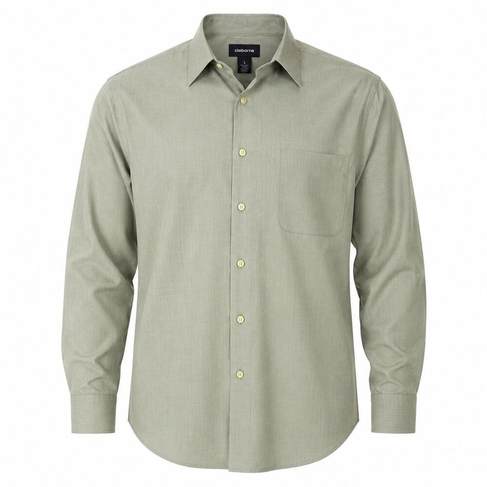 Claiborne Men's Dress Shirt Beige Plaid Long Sleeve L Pockets MCRU0003